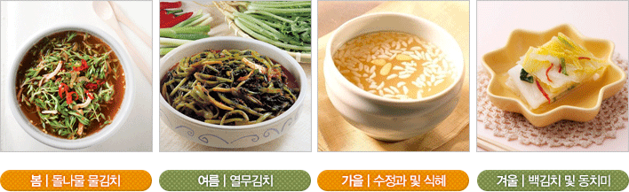 봄 | 돌나물 물김치 여름 | 열무김치 가을 |수정과 및 식혜 겨울 |백김치 및 동치미